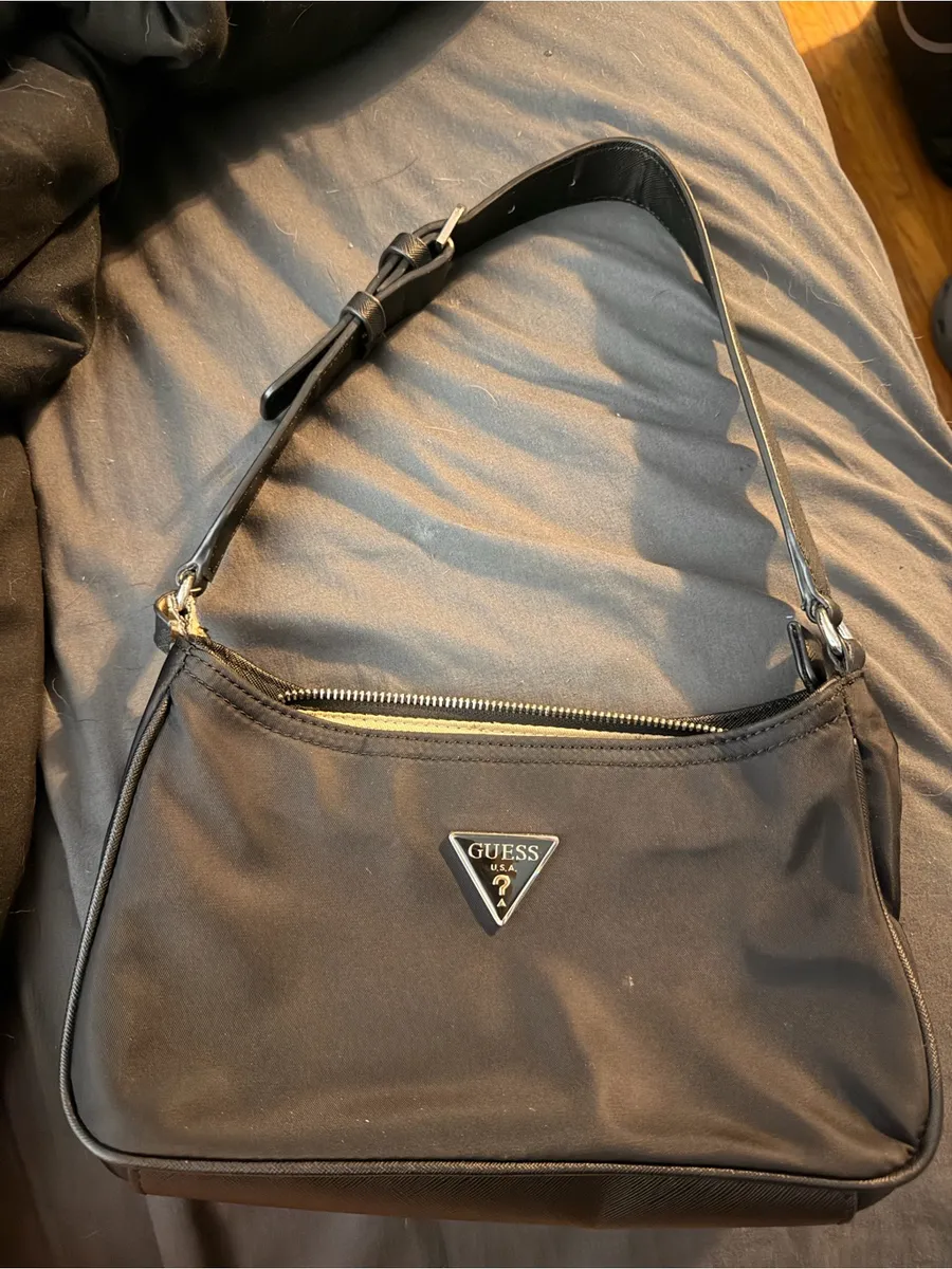 GUESS Black Nylon Shoulder Bag with Logo Plaque