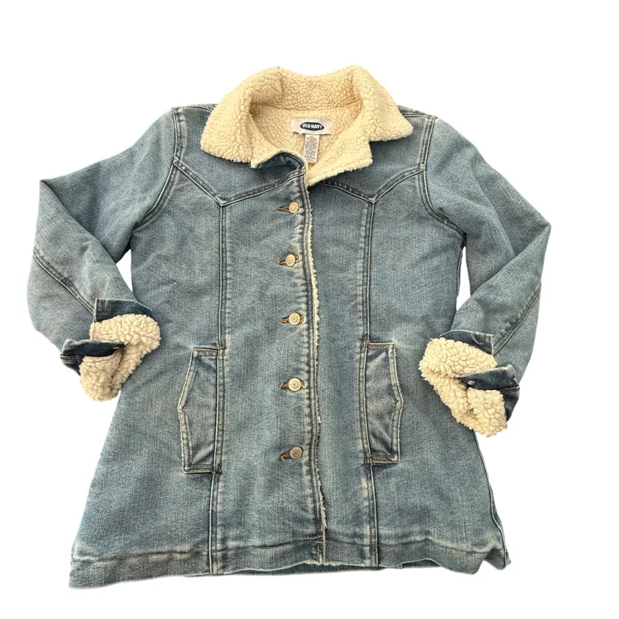 Vintage Y2K Old Navy Denim Jacket Womens Medium Blue Sherpa Lined Trucker Coat