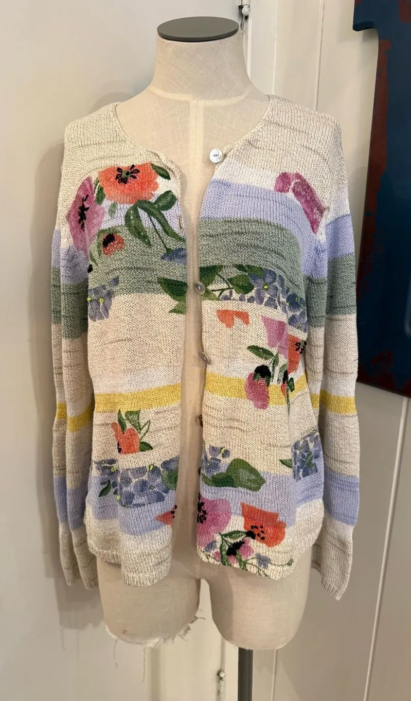 Susan Bristol Cream Cardigan with Multicolor Floral & Stripe Accents Sz L