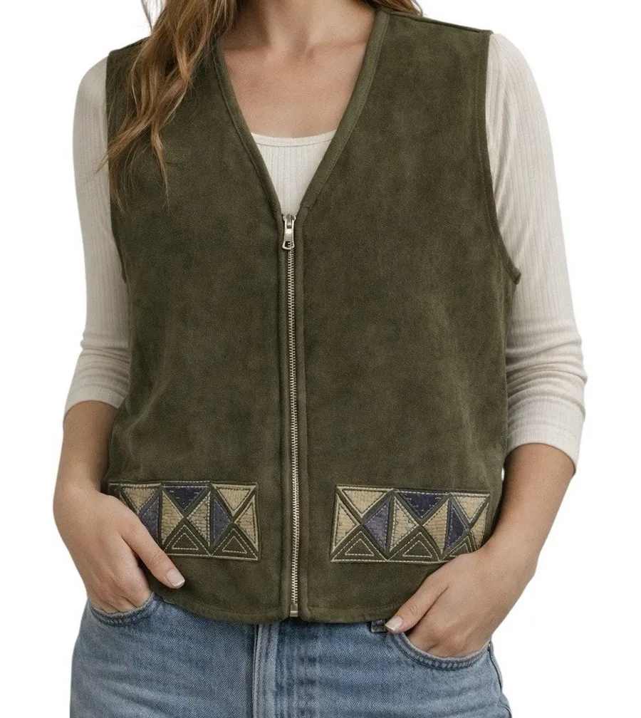 Monterey Olive Green Faux Suede Vest Petite Medium Boho Zip Front Embroidered Size undefined