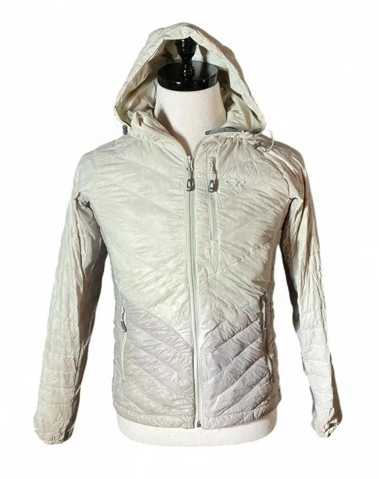 Outdoor Research Womens XS Down Puffer Jacket Hooded Tan Beige Quilted Puffer