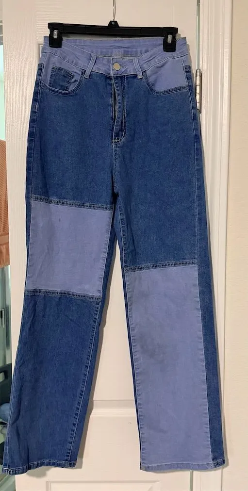 Handmade Women's Patchwork Denim Pants Multicolor Straight Leg Size S