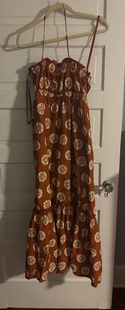 Women’s Sleeveless Ruffle Hem Maxi Dress - Rust with Cream Print