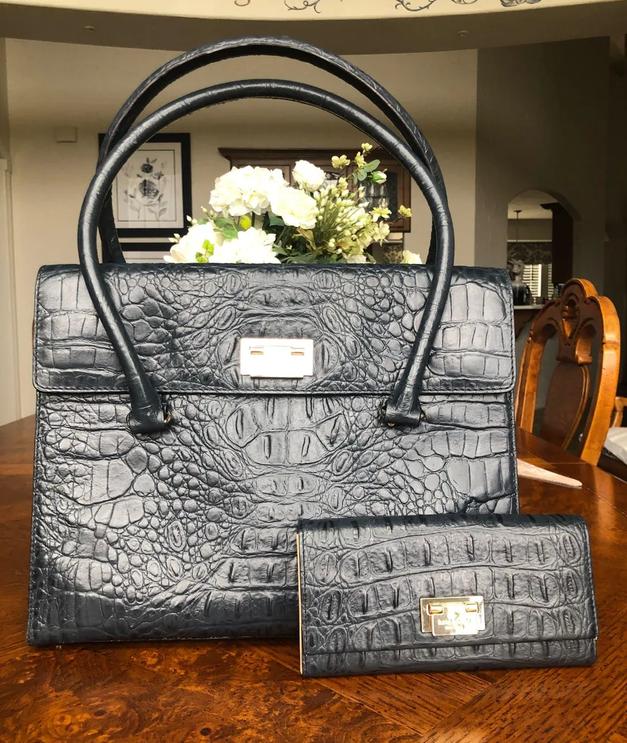 Navy Croc-embossed Bag With Wallet