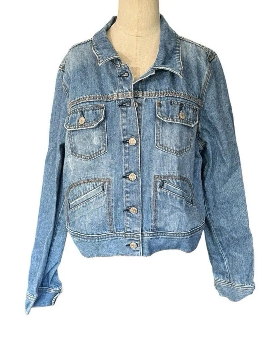 Y2K Vintage 2006 Denim Jacket Women’s XL Blue Trucker Leather Elbow Patches