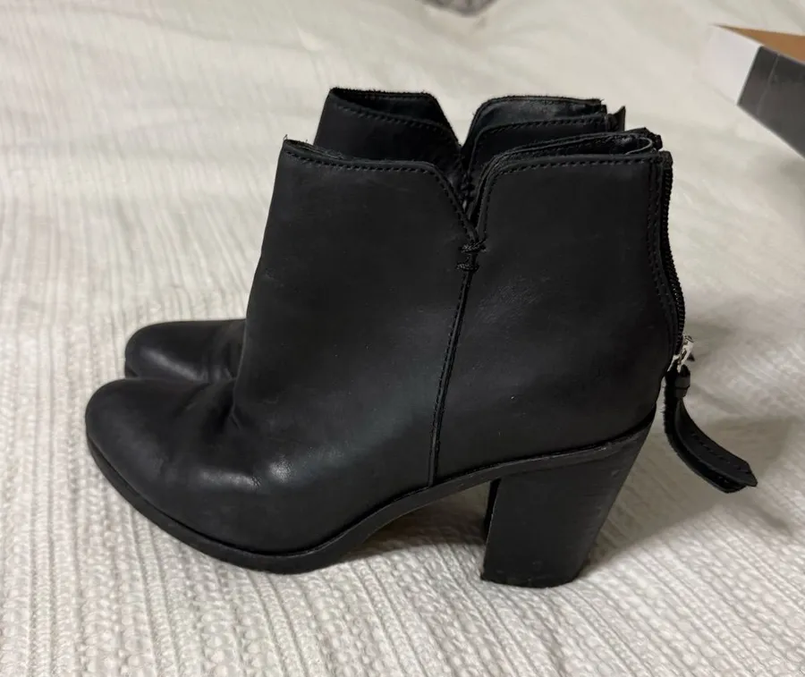bp Black Leather Ankle Booties with Block Heel and Back Zipper