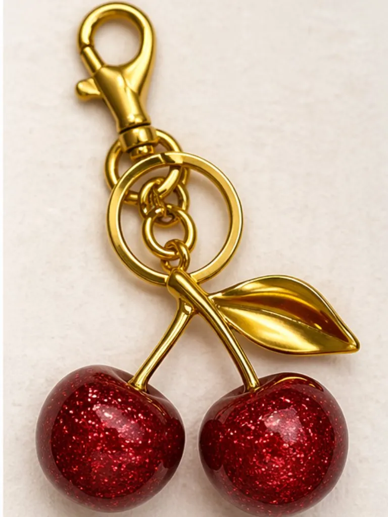 Gold Cherry Bag Charm Red Glitter Keychain Y2K Purse Accessory NWT