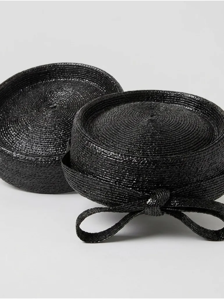 Vintage Rochelle Originals Black Straw Boater Hat | Classic Elegant Bow