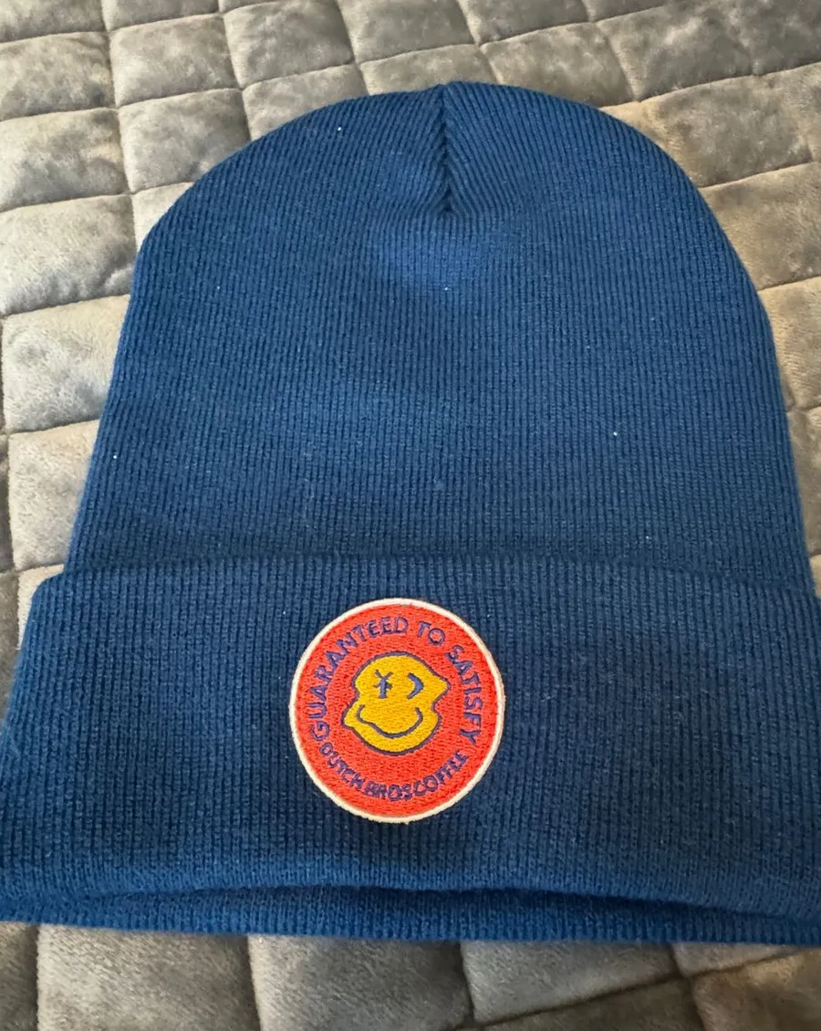 Dutch bros blue Knit Beanie with Smiley Patch