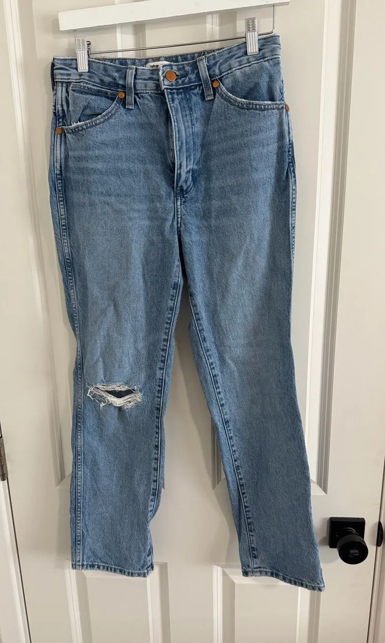 Wrangler Light Blue Straight-Leg Distressed Jeans