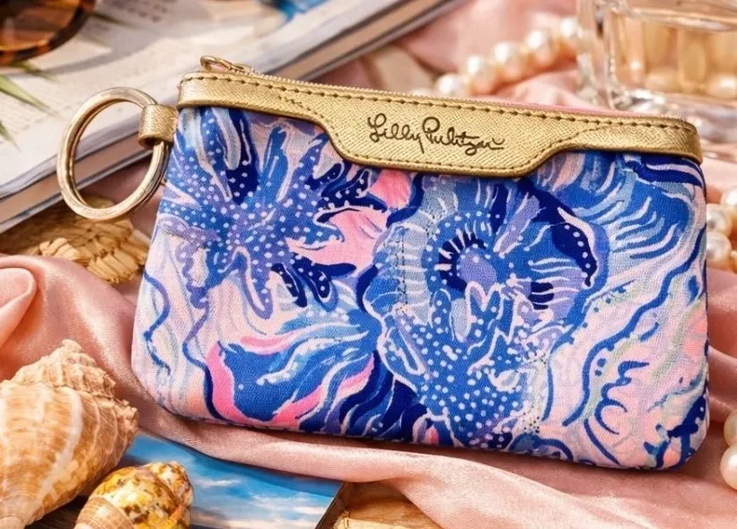 Lilly Pulitzer Blue Pink Floral ID Case Keychain Wallet Gold Trim Zipper Pouch