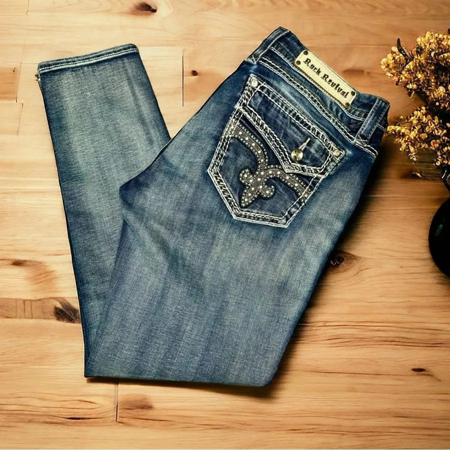 Rock Revival Barby Skinny Ankle Jeans Distressed Stretch Bling Size 34