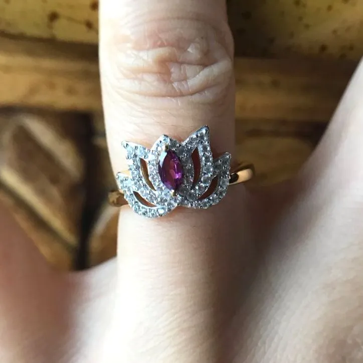 Natural Rhodolite Garnet Sterling Silver Lotus Ring Size 6 Gold