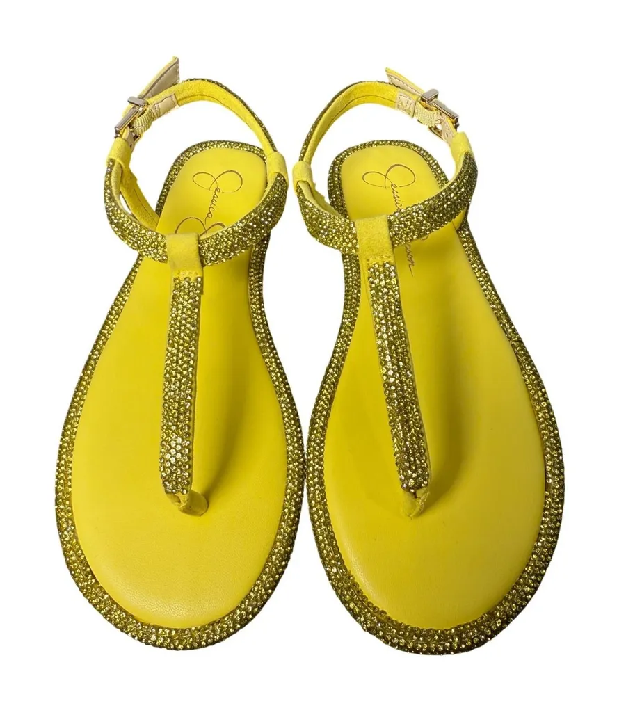 Jessica Simpson Oliara Yellow Rhinestone T-Strap Sandals Size 5