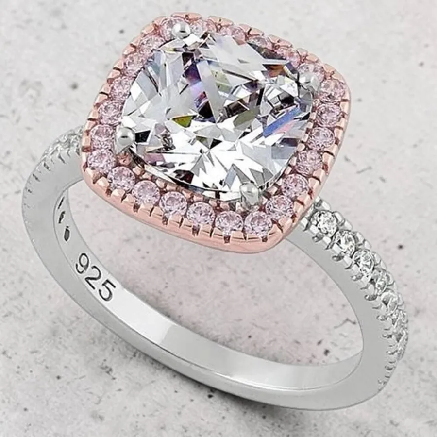 Two Tone Rose Gold Cushion Cut Sterling Silver Ring Size 7 Pink