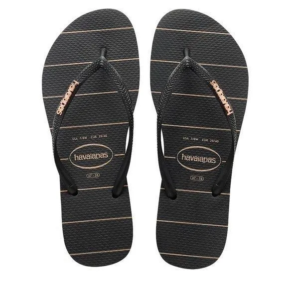 HAVAIANAS Black Slim Logo Metallic Rose Gold Fine Lines Flip Flops Size 11/12
