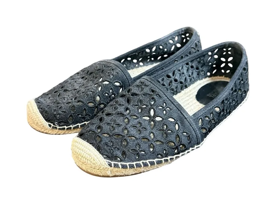 Michael Kors Darci Black Eyelet Espadrille Flats Jute Floral Laser Cut Slip On 7