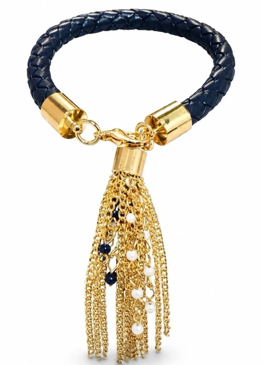 Navy Blue Braided Cord Bracelet Gold Tone Chain Tassel White Beads 7 Inches