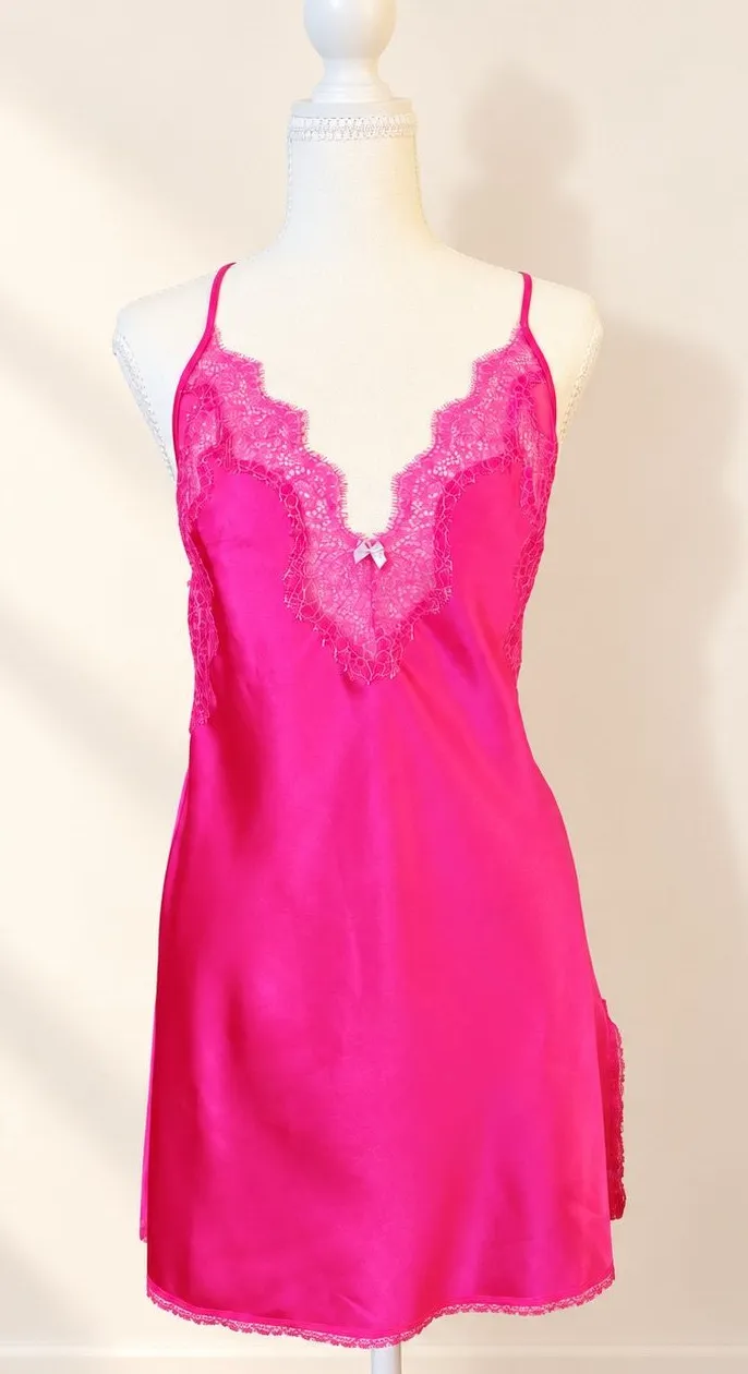 Victoria’s Secret Pink Satin Lace Chemise Slip Dress Medium