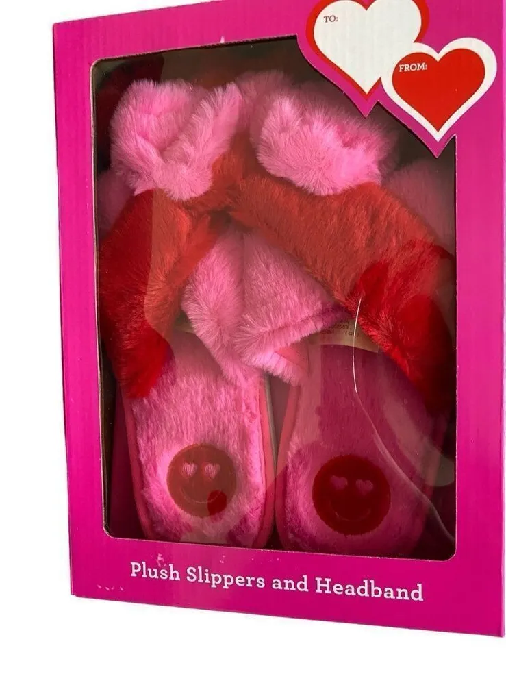 Plush Slippers And Headband Gift Set Slides Furry Fuzzy Lounge Loungewear Black Size 6.5