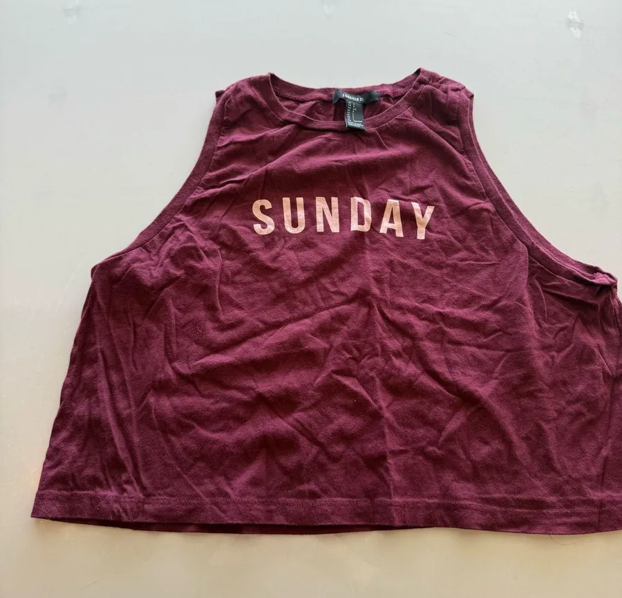 Forever 21 Maroon ‘Sunday’ Tank Crop Top Pj Shirt Size Large