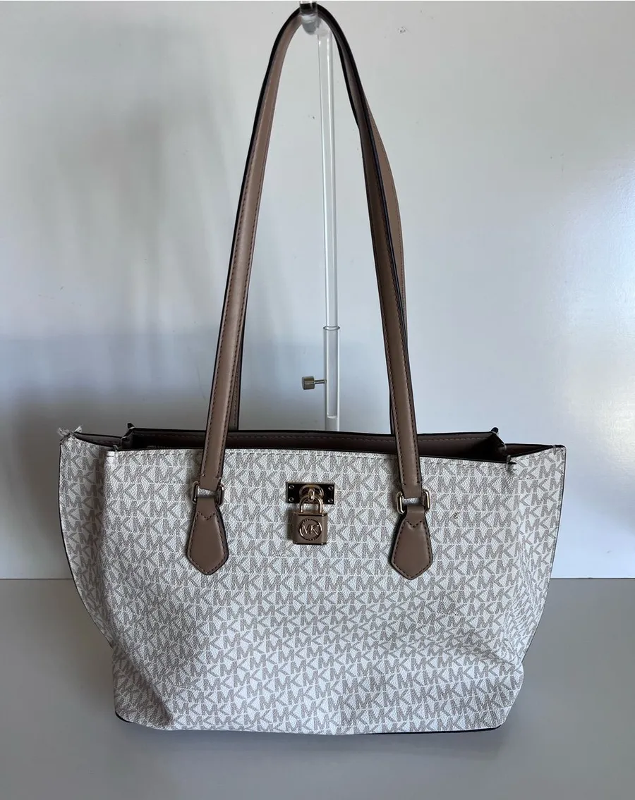 Michael Kors Large Ruby Logo Tote Bag Monogram Camel Shoulder Top Zip Office White