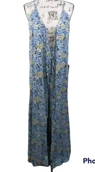 Lulus Blue Floral Maxi Lightweight Swim Cover Tie Waist Beach Vacation Sz XS