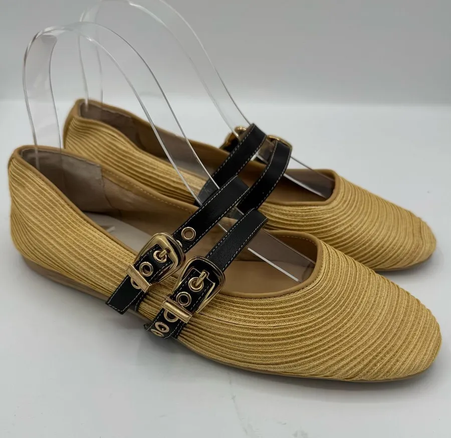 Anthropologie Dolce Vita Baylee Mary Jane Ballet Flats Natural Raffia size 7.5 Tan