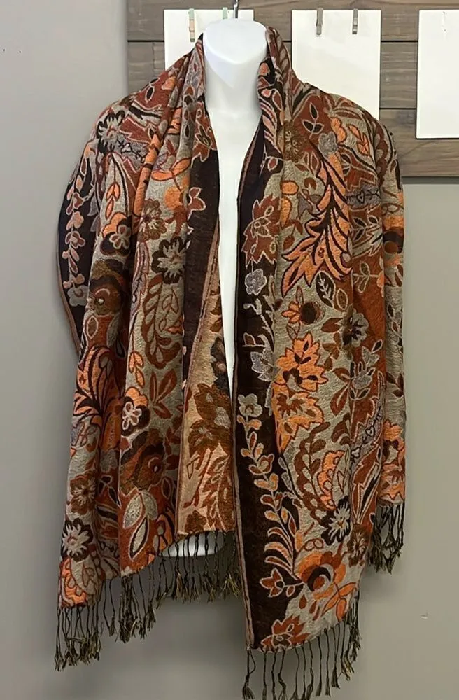 Fall Autumn Scarf Wrap with Fringe Leaves Colorful Thanksgiving Seasonal Brown