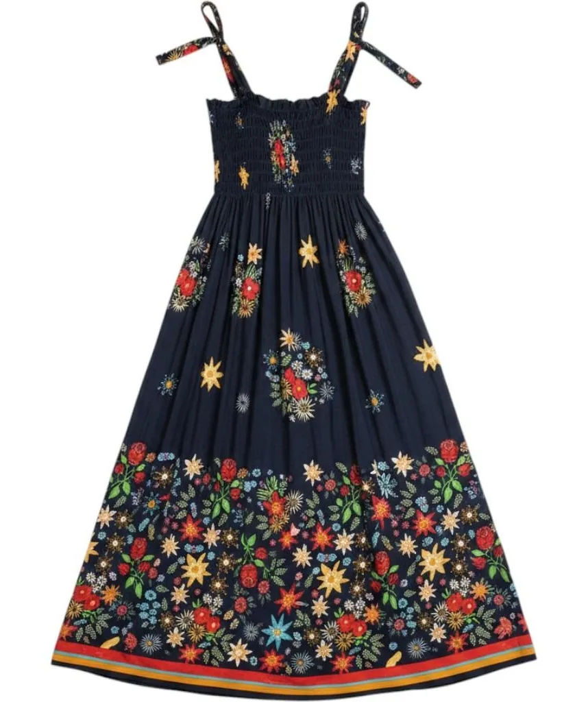 Lildy Women Small/Medium Blue Floral Smock Tie Shoulder Boho Festival Maxi Dress