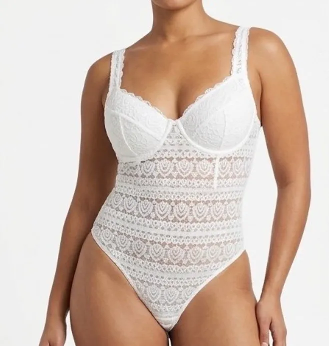 Bozzolo White Lace Intricate Sheer Bodysuit - Size Medium