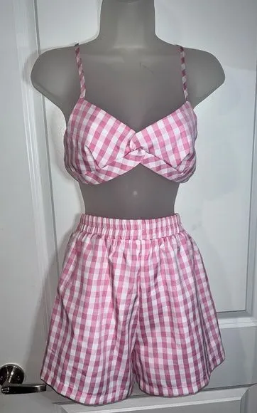 SHEIN Checkered Pink White Summer 2 Piece Set Bra Top and Shorts Size XS