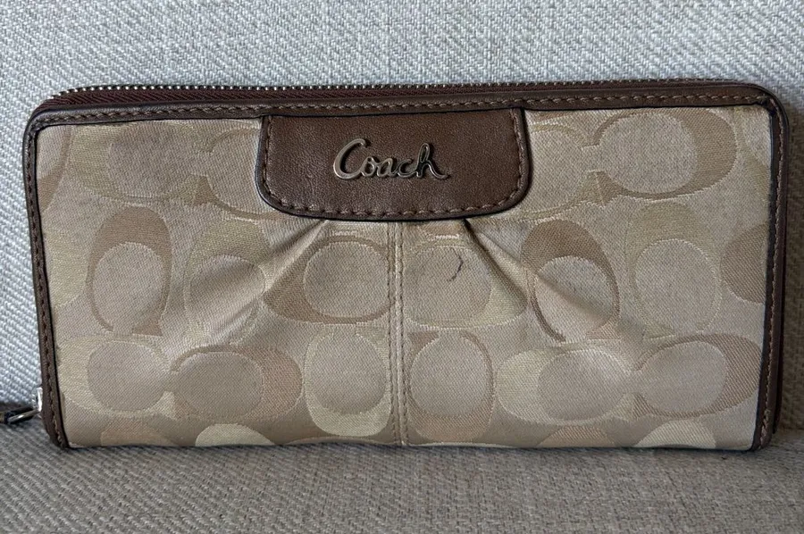 Coach Ashley Beige and Brown Signature Zip-Around Wallet Y2K