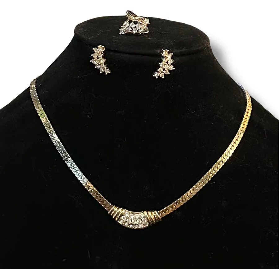 Vintage Avon thick gold rhinestone necklace, earrings and ring set