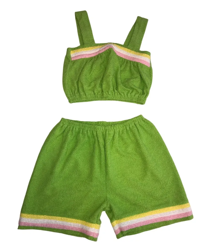 Lime GreenTerry Cloth 2 Piece Beach Swim Cover Green Pink Korea OS Summer Set Size undefined
