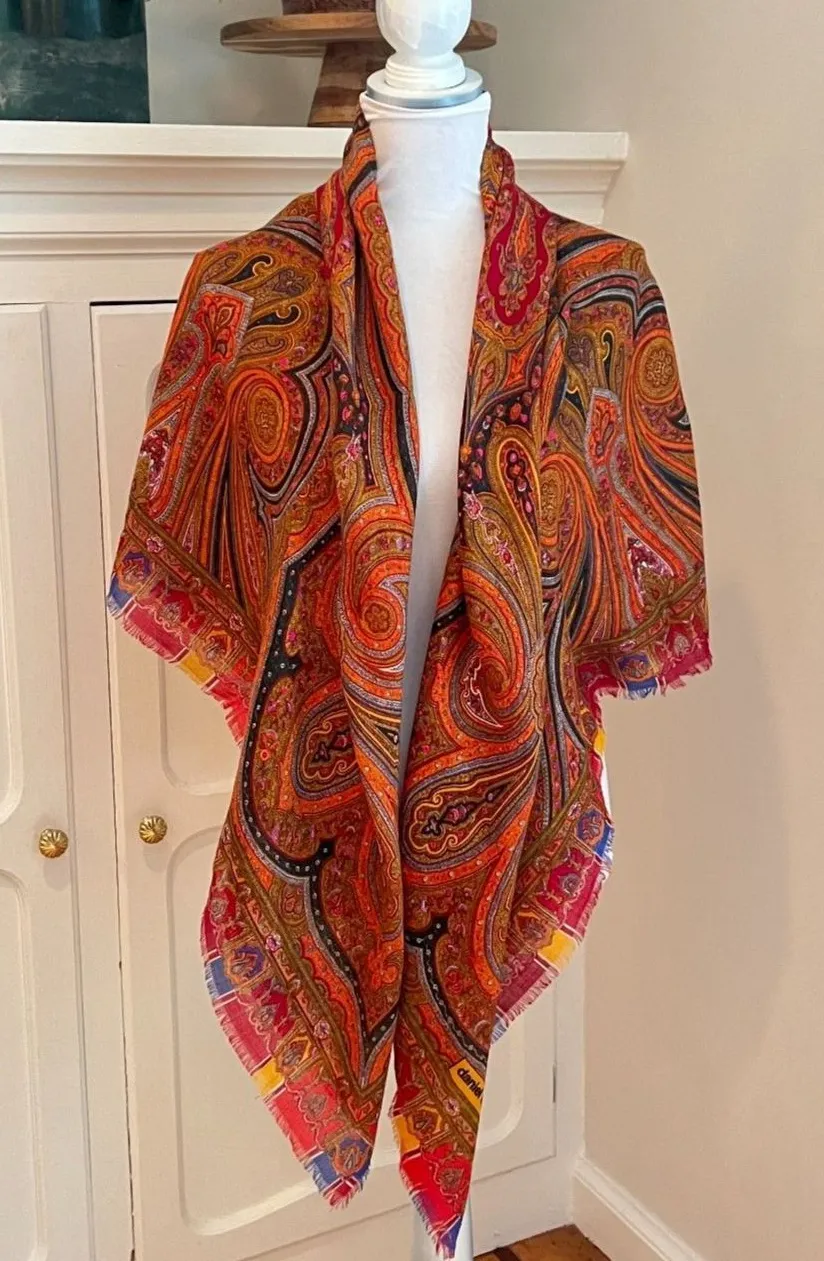 Daniel La Foret vintage orange paisley shawl scarf fringe 52 x 52 inches square