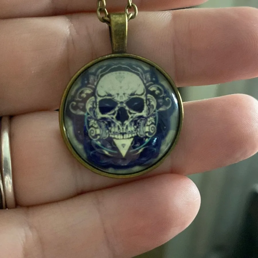 Gothic Skull Pendant Necklace Antique Bronze Chain Dark Fantasy Halloween 18in Blue