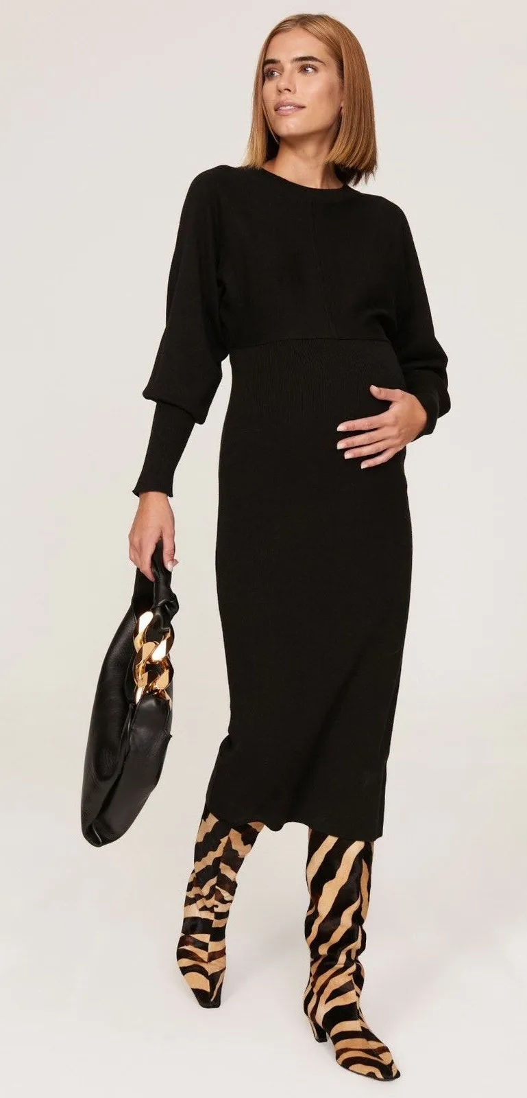 Ripe Sloane Black Knit Long Sleeve Crewneck Sweater Midi Dress Maternity Large