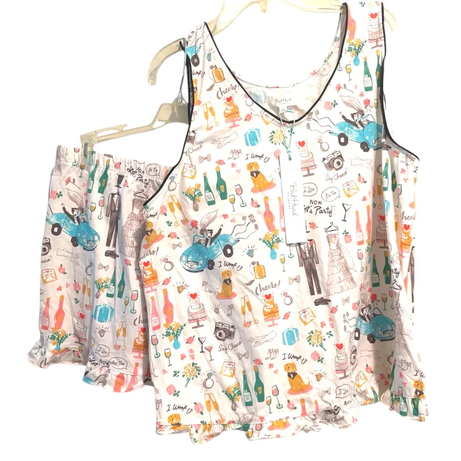 NWT Bed Head Pajamas M White Wedding Print Bridal Shower Gift Bachelorette Party