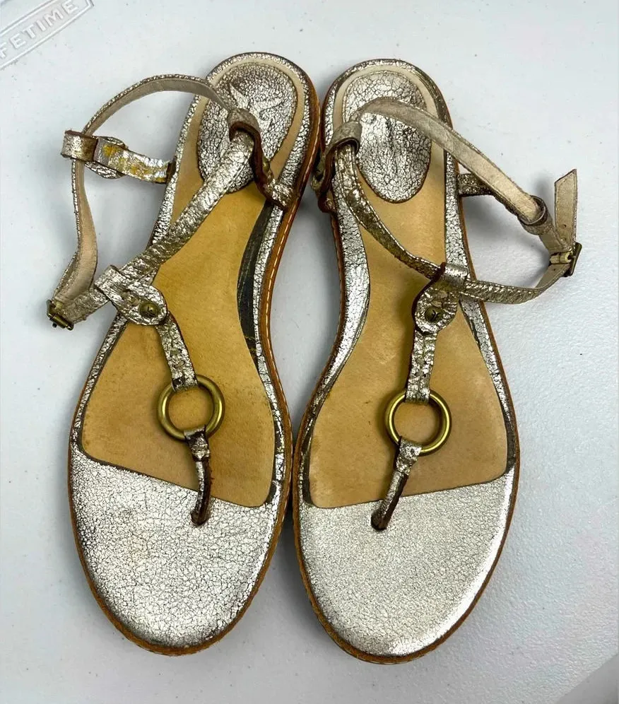 Frye Silver Metallic Mary Harness Leather Thong Slingback Sandal
