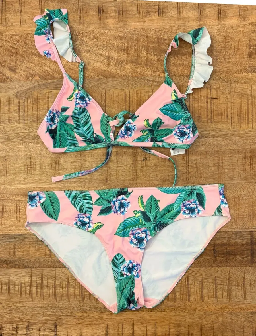 Asos Bikini Set M Tropical Floral Ruffle Pink Two Piece Swimsuit Bathing Suit