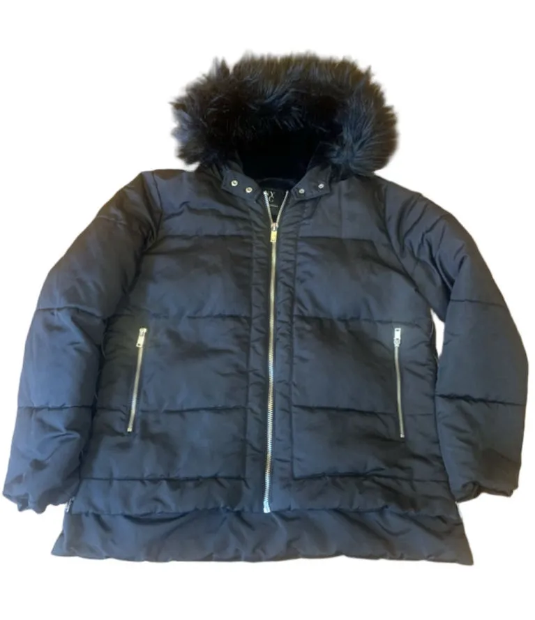 New York and Company Coat XL Black Hood Fur Lining