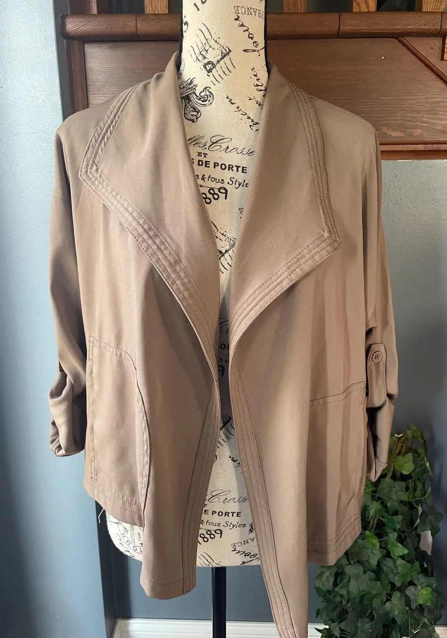 Max Studio Women Taupe Brown Open Front Drape Jacket 3/4 Tab Sleeve Small
