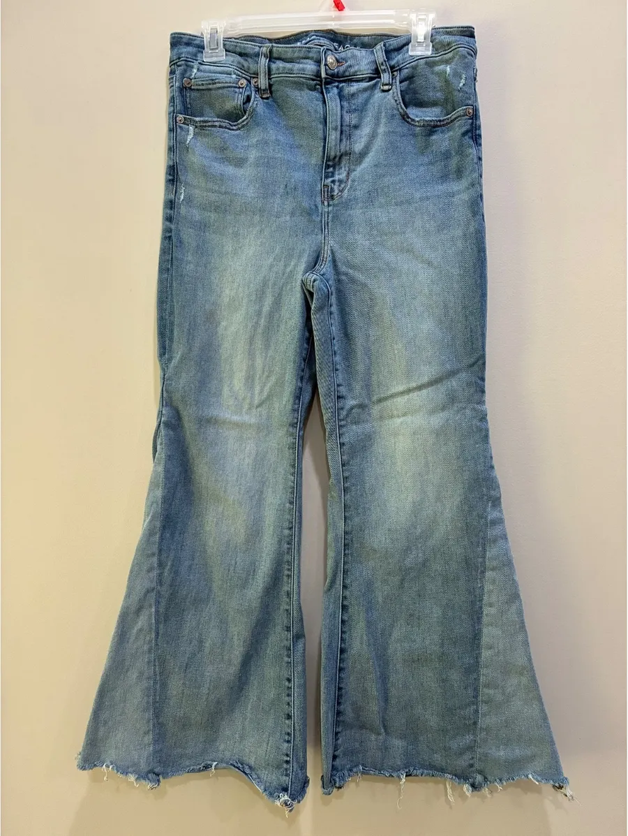 American Eagle Light Wash Flared Jeans with Raw Hem