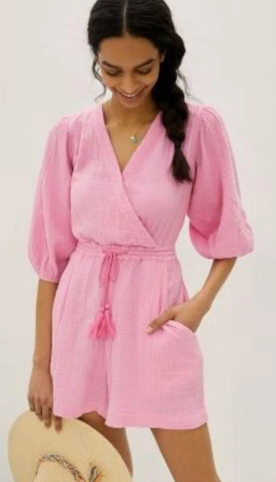 Anthropologie Celia Gauzy Cotton Pink Romper Size S Bohemian Beach Coastal