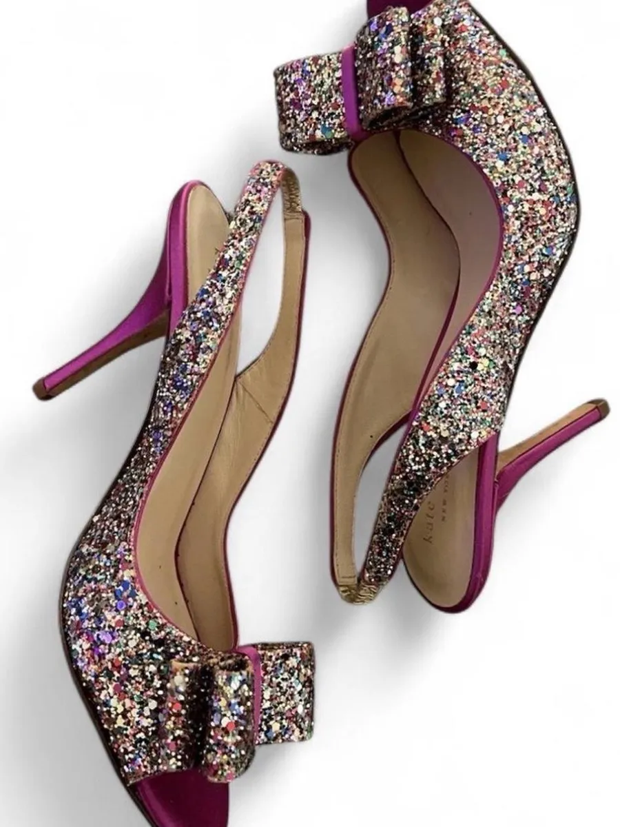 kate spade Fuchsia Peep-Toe Slingback Heels with Multicolor Glitter Bow