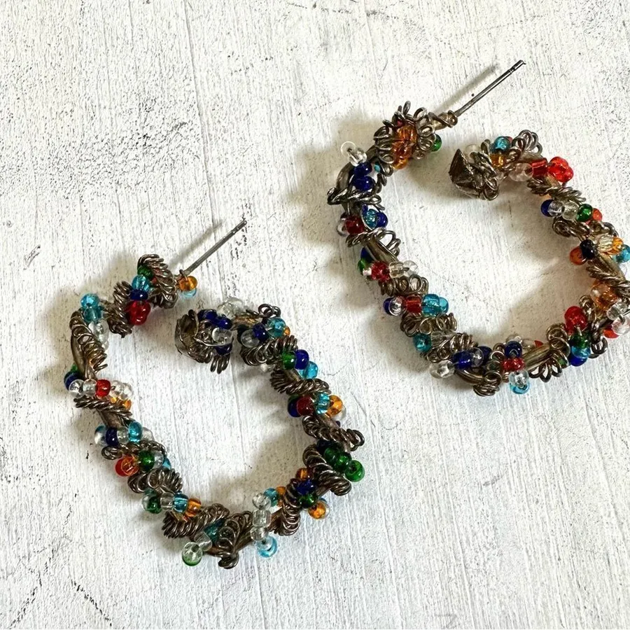 Silver tone beaded wrap post earrings