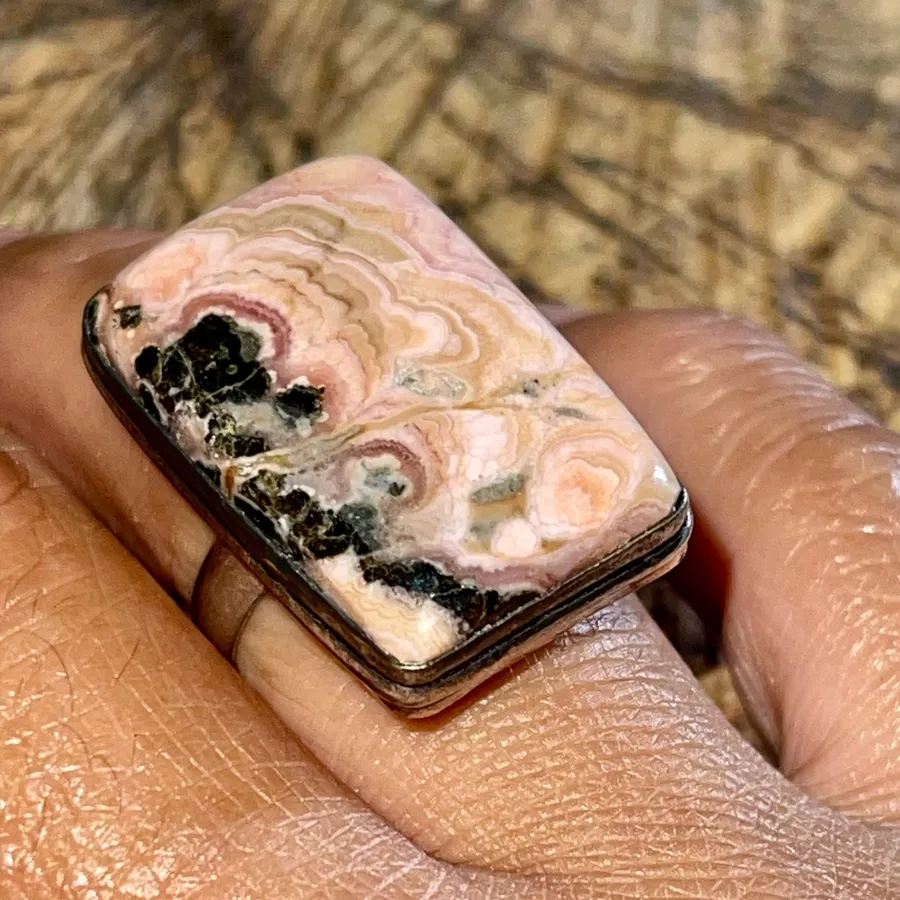 Rhodochrosite Ring Size 7 3/4 Black