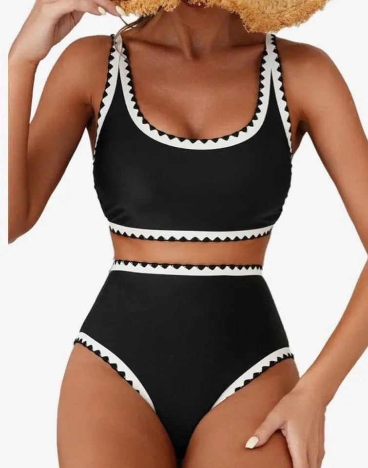 NEW Bikini Set Whip Stitch 2 Pc Swimsuits High Waist Scoop L Black Size L