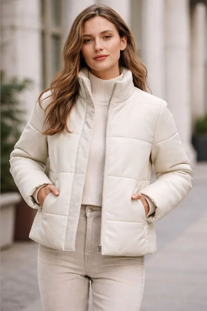 🤍 J.Jill Ivory Faux Leather‎ Puffer Jacket Coat Size M 🤍 White Size M